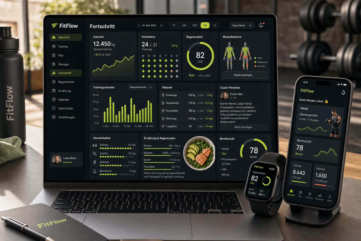 FitFlow Analyse-Dashboard mit Regeneration, Coach-Hinweisen und Leistungsmetriken