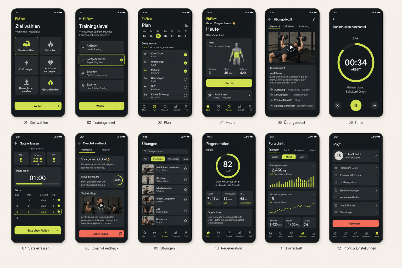 FitFlow mit App-Screens, Trainingsgeräten und heller Studio-Atmosphäre
