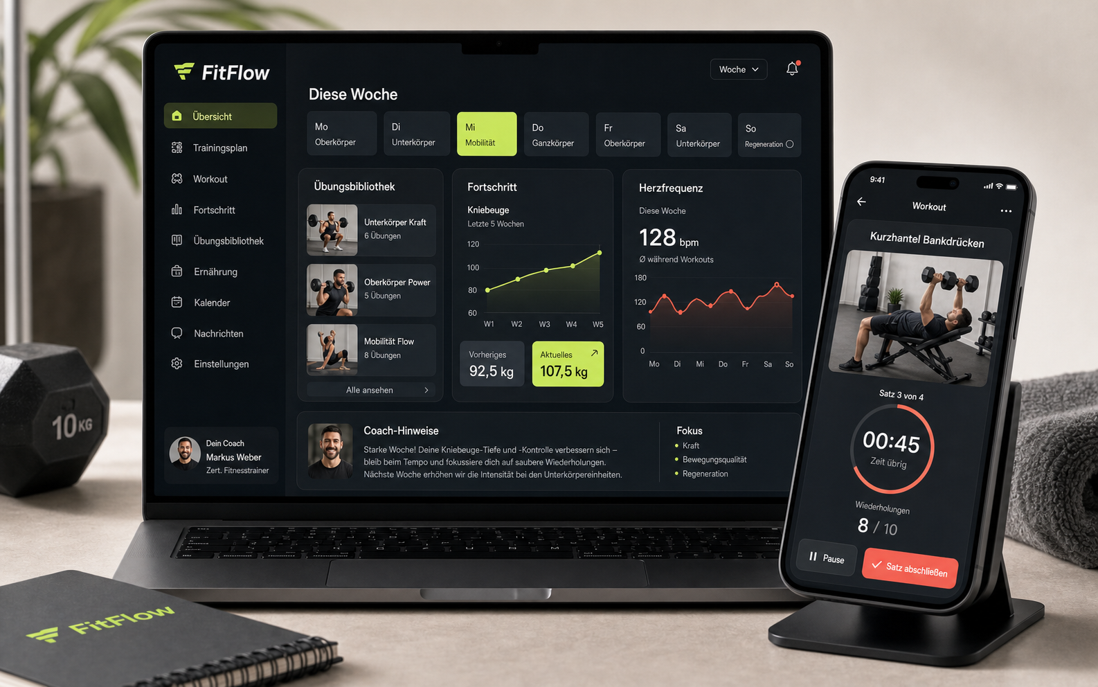 FitFlow Dashboard mit Trainingsplan, Fortschritt und Workout-Bibliothek