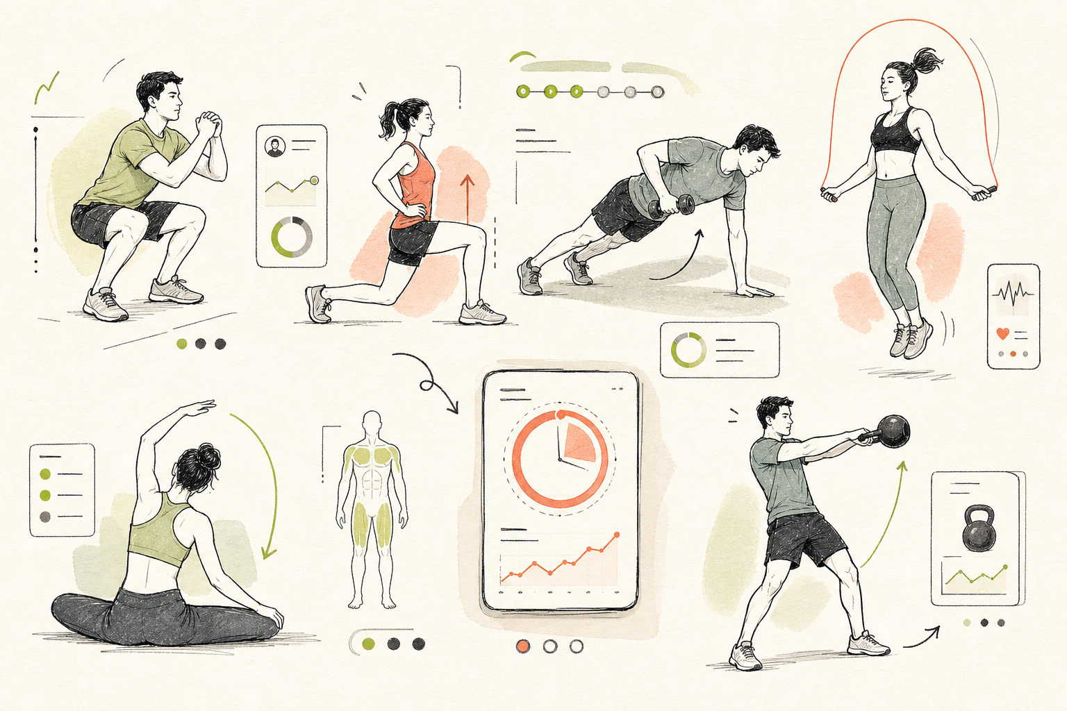 Skizzenhafte Bewegungs- und Systemdarstellung für FitFlow