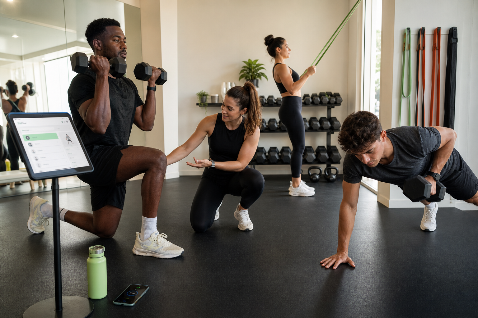 Trainingsszene mit FitFlow Oberflächen und Coach-Kontext