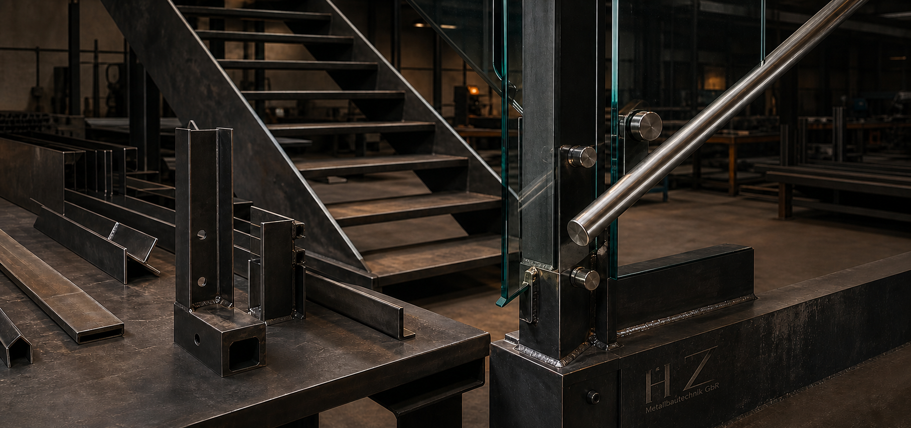 Materialstudie aus Stahl, Edelstahl und Glas