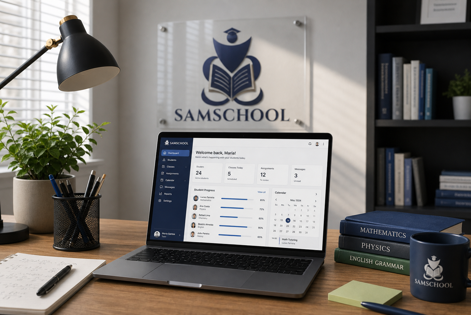 Samschool Dashboard auf einem Laptop in einer ruhigen Lernumgebung