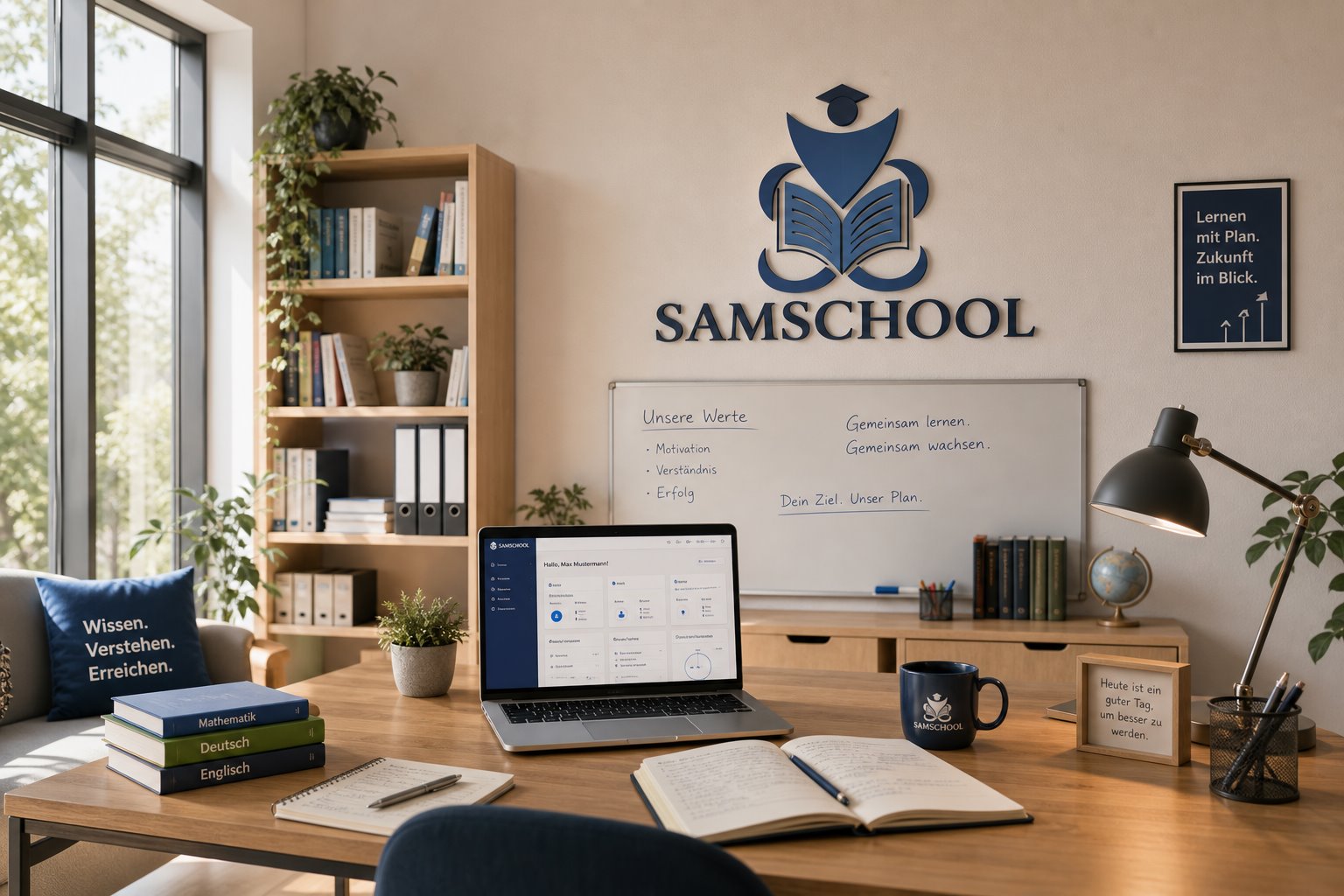 Samschool Lernplattform auf einem Laptop in einer modernen Lernumgebung