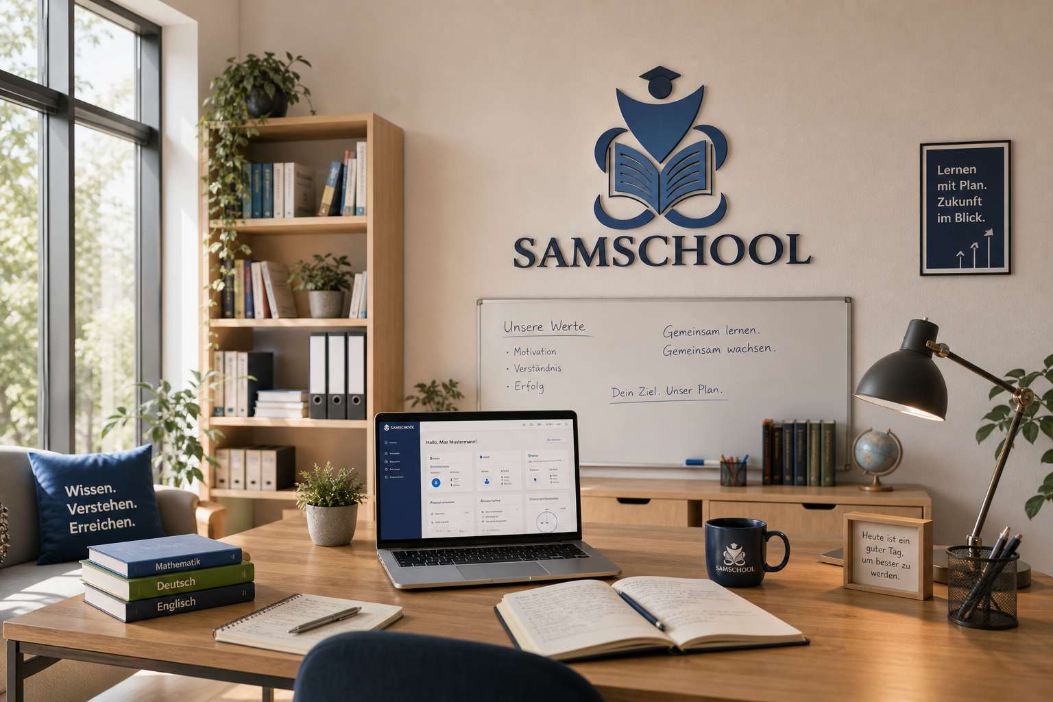 Samschool Lernraum mit Whiteboard, Laptop und sichtbarer Markenwelt