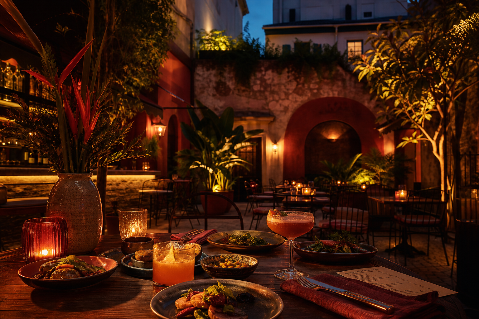 Santiagobar Innenhof mit warmer Abendstimmung